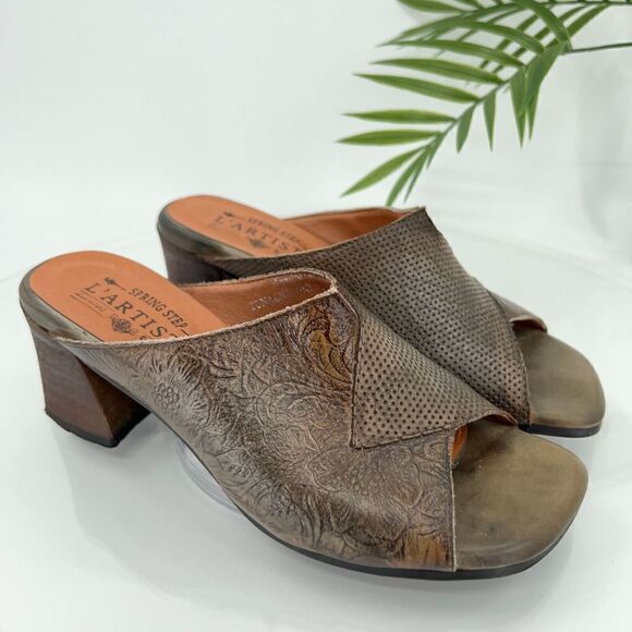 L'Artiste Spring Step Women Tonalna Mule Sandal Size 37 6.5 Block Heel Brown Tan - Picture 1 of 12